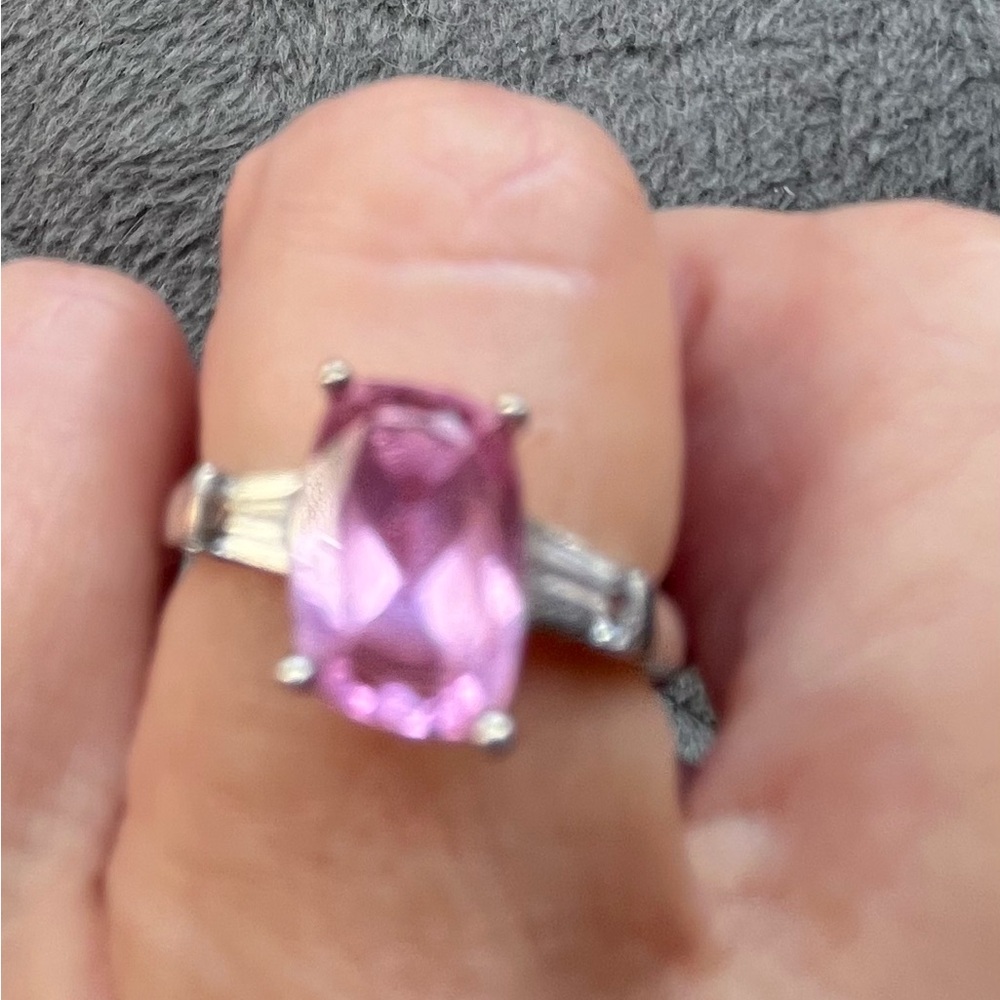 Pink Cushion-Cut Gemstone Ring in Silver Setting- size 7